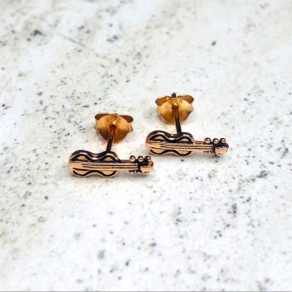 925 Sterling Silver Rose Gold Guitar Earrings